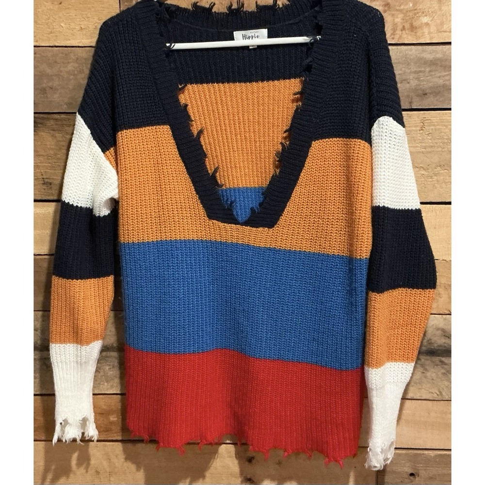HIPPIE Military‎ Colorblock Torn Oversized Striped Sweater Women M Boho Y2K 90s